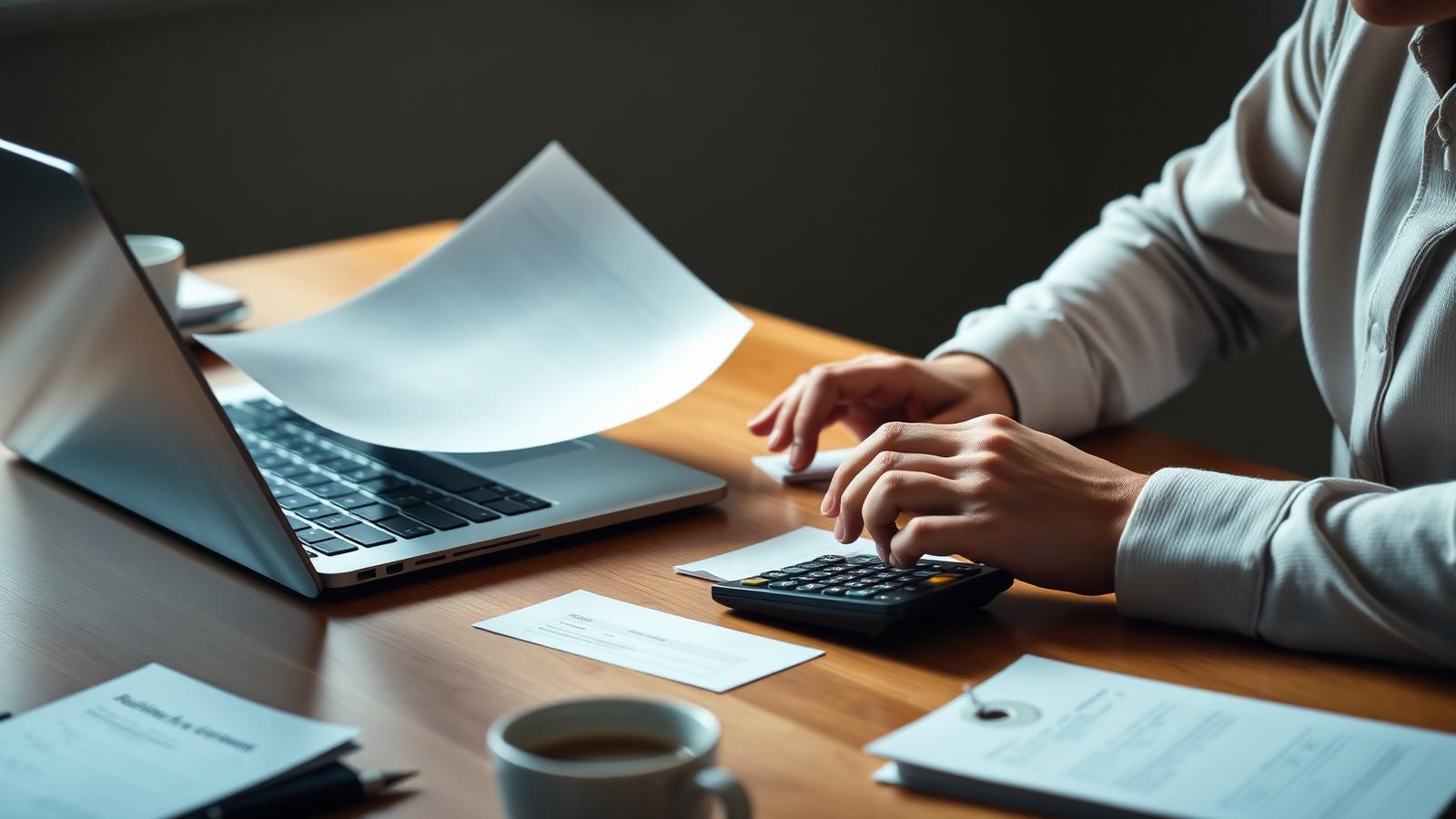 Person reviewing health insurance paperwork and premium costs with a calculator at a desk