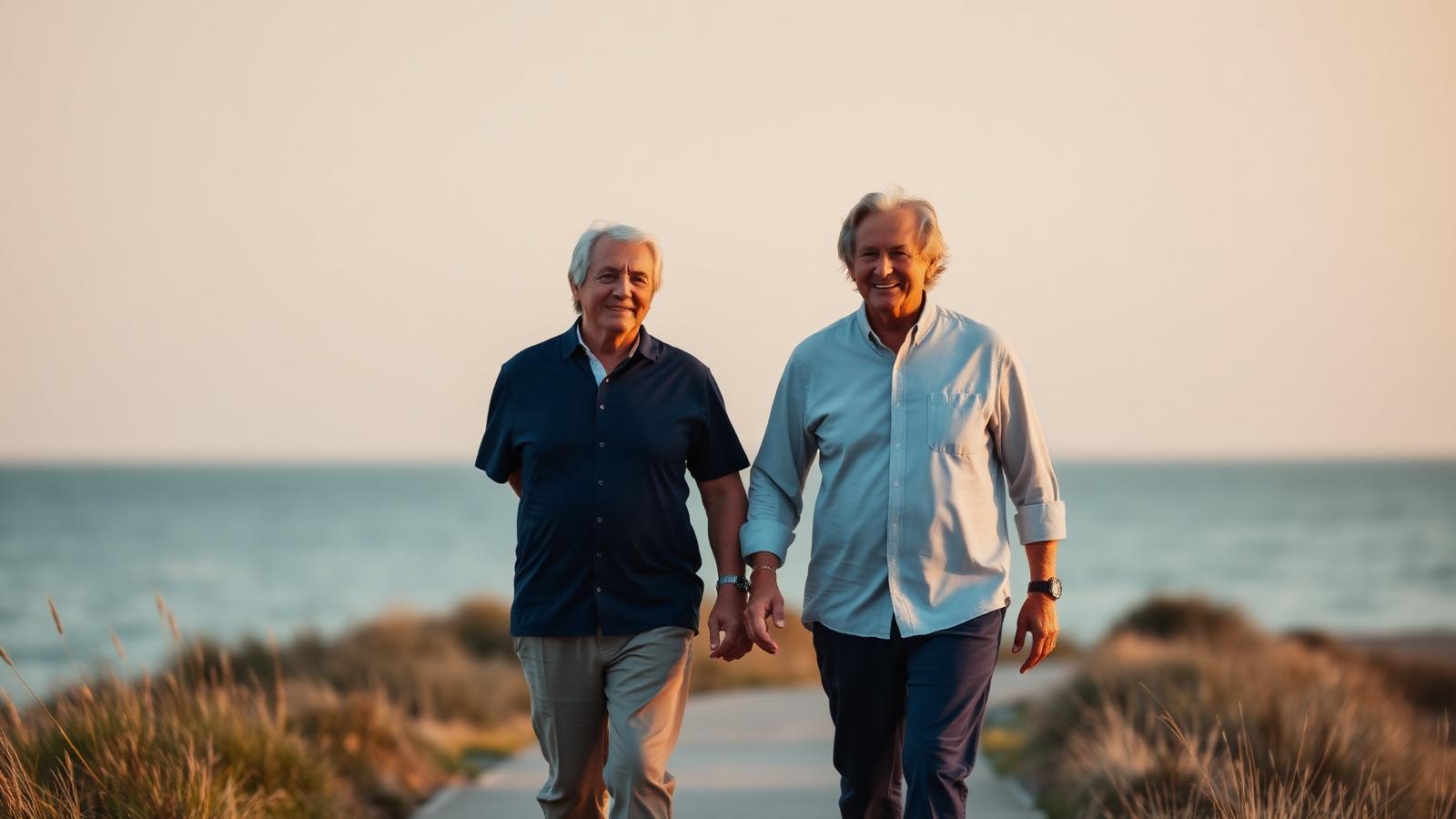 Early-retired couple walking along a coastal path at sunset before becoming Medicare eligible