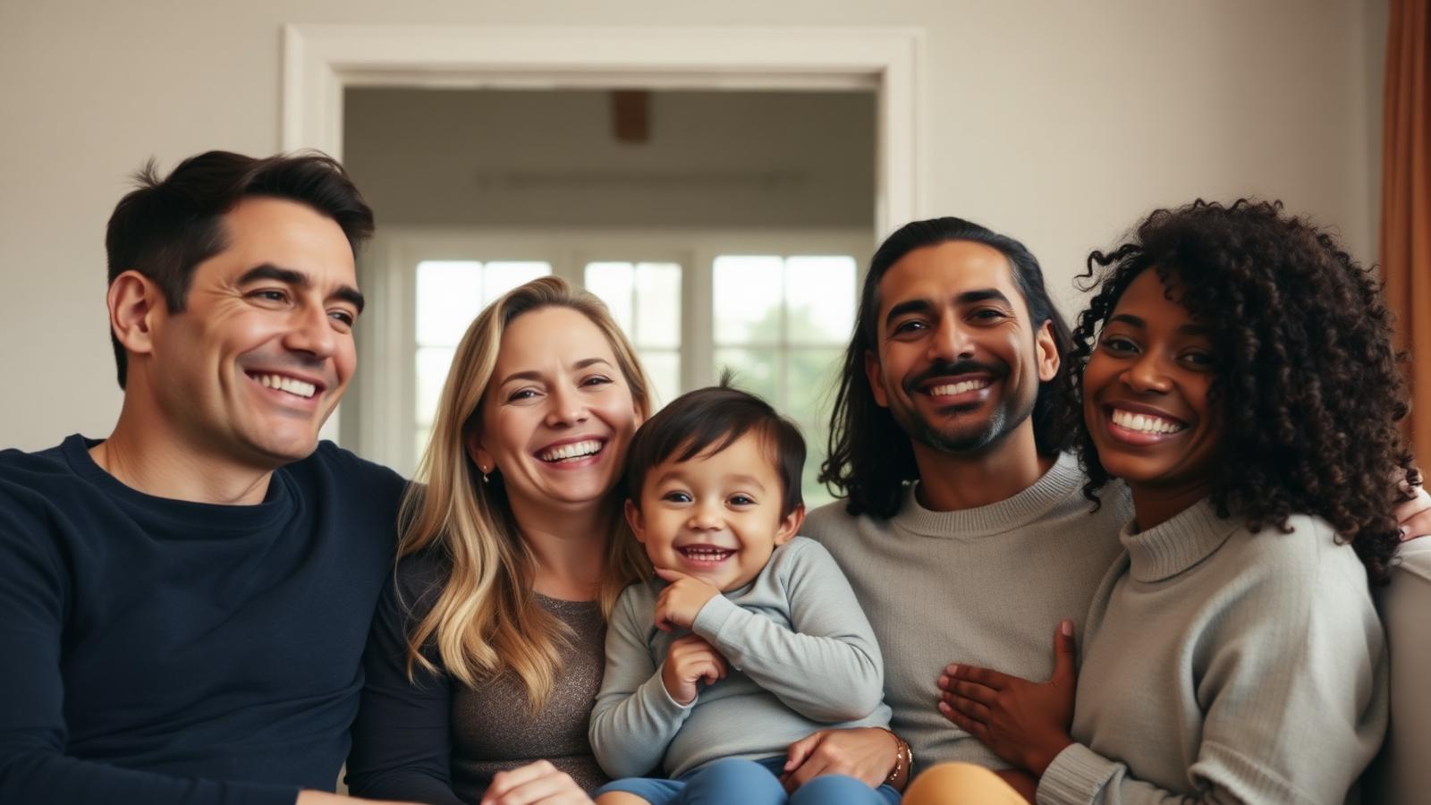 Parents and two children relaxing together on a sofa at home, illustrating family health insurance coverage